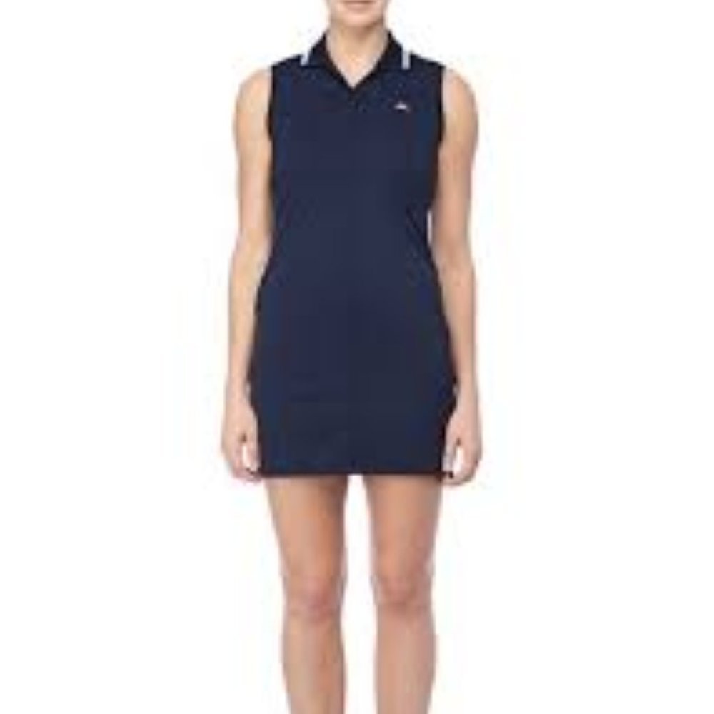 J. LINDEBERG BRIELLA SLIM TX JERSEY NAVY SLEEVELESS COLLARED POPOVER SHIRT DRESS